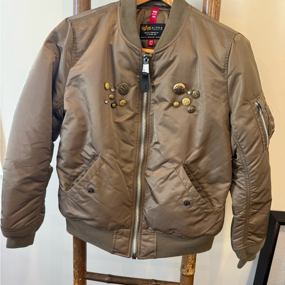 Alpha Industries Taupe Bomber Jacket with embellishments (women’s medium)